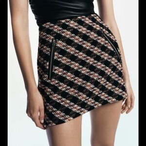 Zara tweed black/red plaid holiday mini skirt XL NWT​​​​​​​​​​​